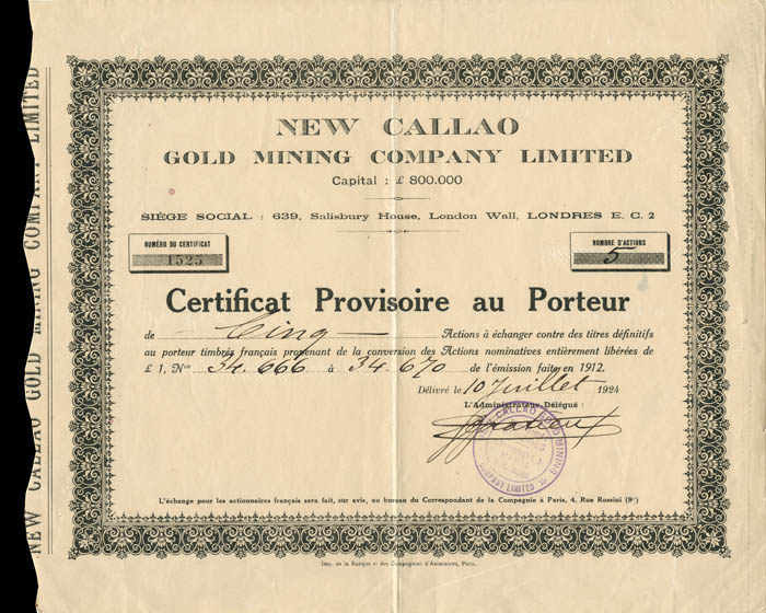 New Callao Gold Mining Co. Limited